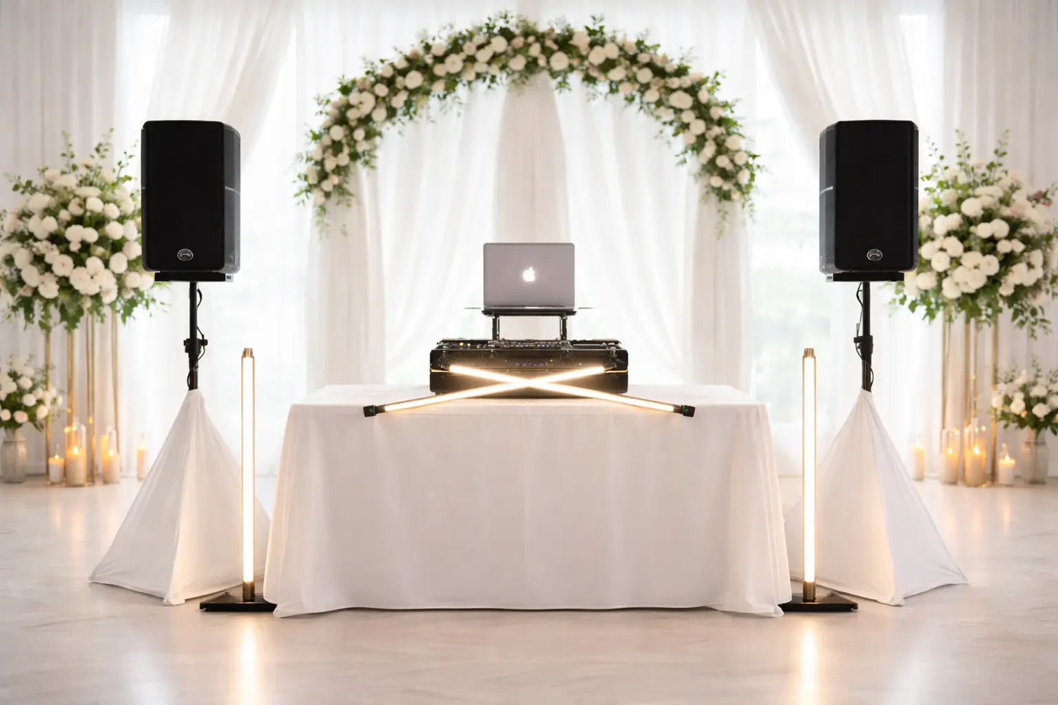 Modernes Hochzeits-DJ-Setup mit professioneller Ton- und Lichttechnik in Hochzeitslocation