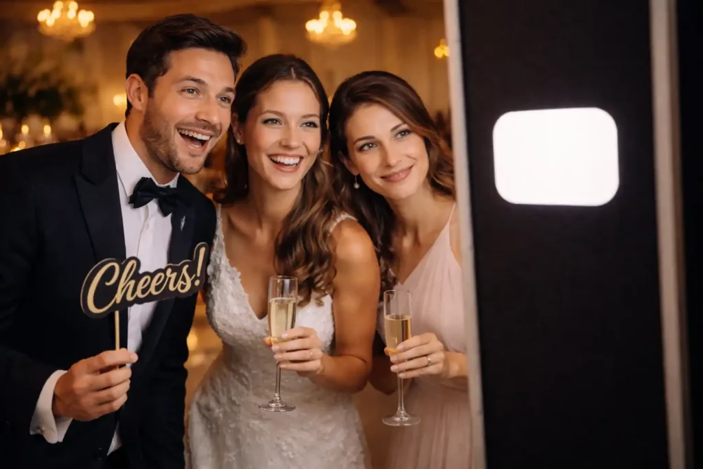 Elegante Hochzeitsgäste nutzen eine Fotobox mit ruhiger Atmosphäre und stilvoller Beleuchtung