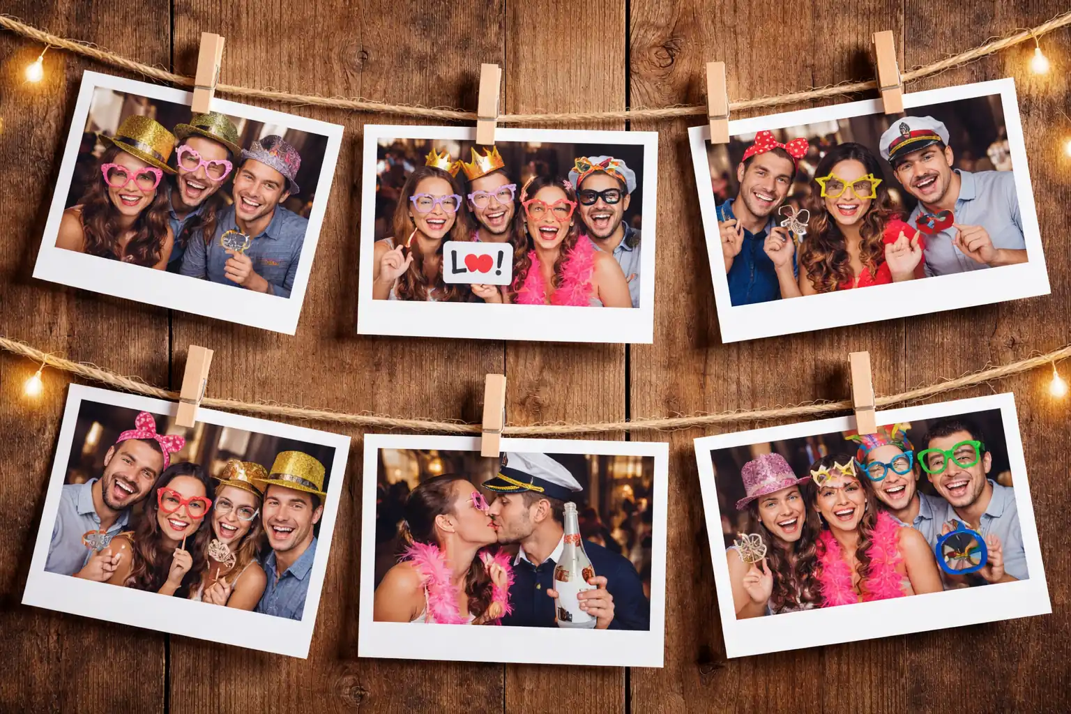 Fotobox Fotos mit lachenden Gästen und lustigen Accessoires, aufgehängt an einer Leine mit Holzklammern vor einer Holzwand